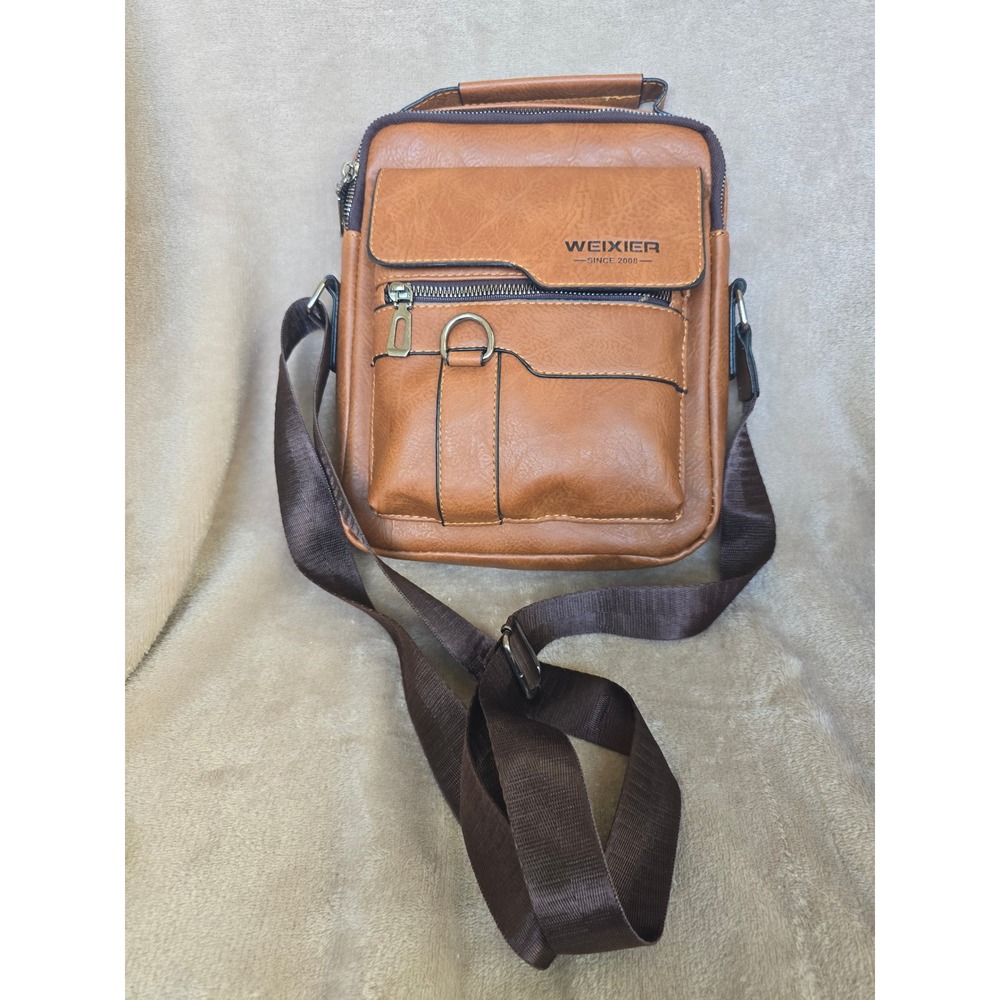 Weixier Mens Brown Vegan Leather Messenger Bag Crossbody Vertical Shoulder Bag